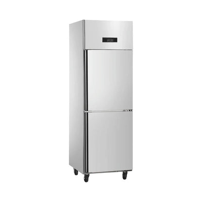 Commercial standard static cooling two-door kitchen refrigerator.